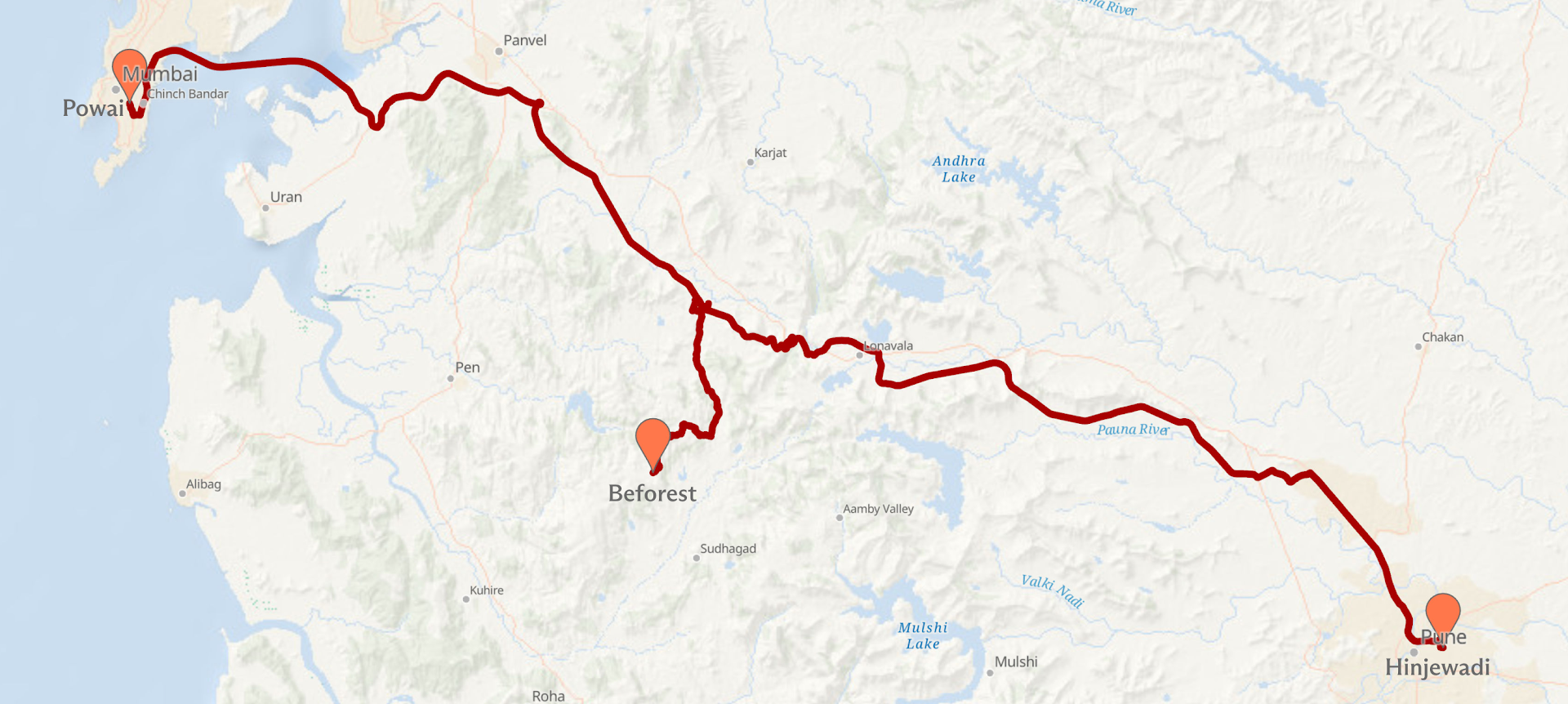 Map showing route between Mumbai and The Mumbai Collective